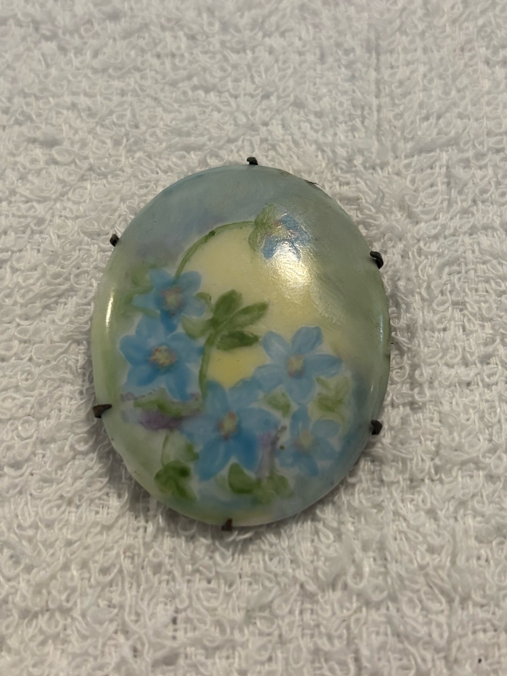 Antique Porcelain Hand Painted Flower Floral Oval Brooch Pin